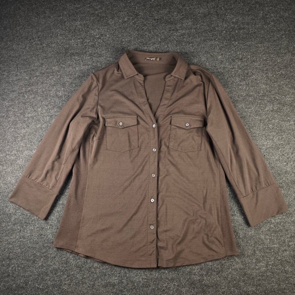 J. McLaughlin Women's Brown Button Front Shirt Stretch Fabric Classic Size L - Picture 2 of 14